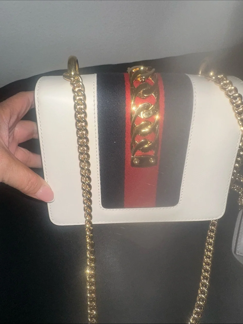 Gucci White and red blue Leather Chain Crossbody with Gold Hardware